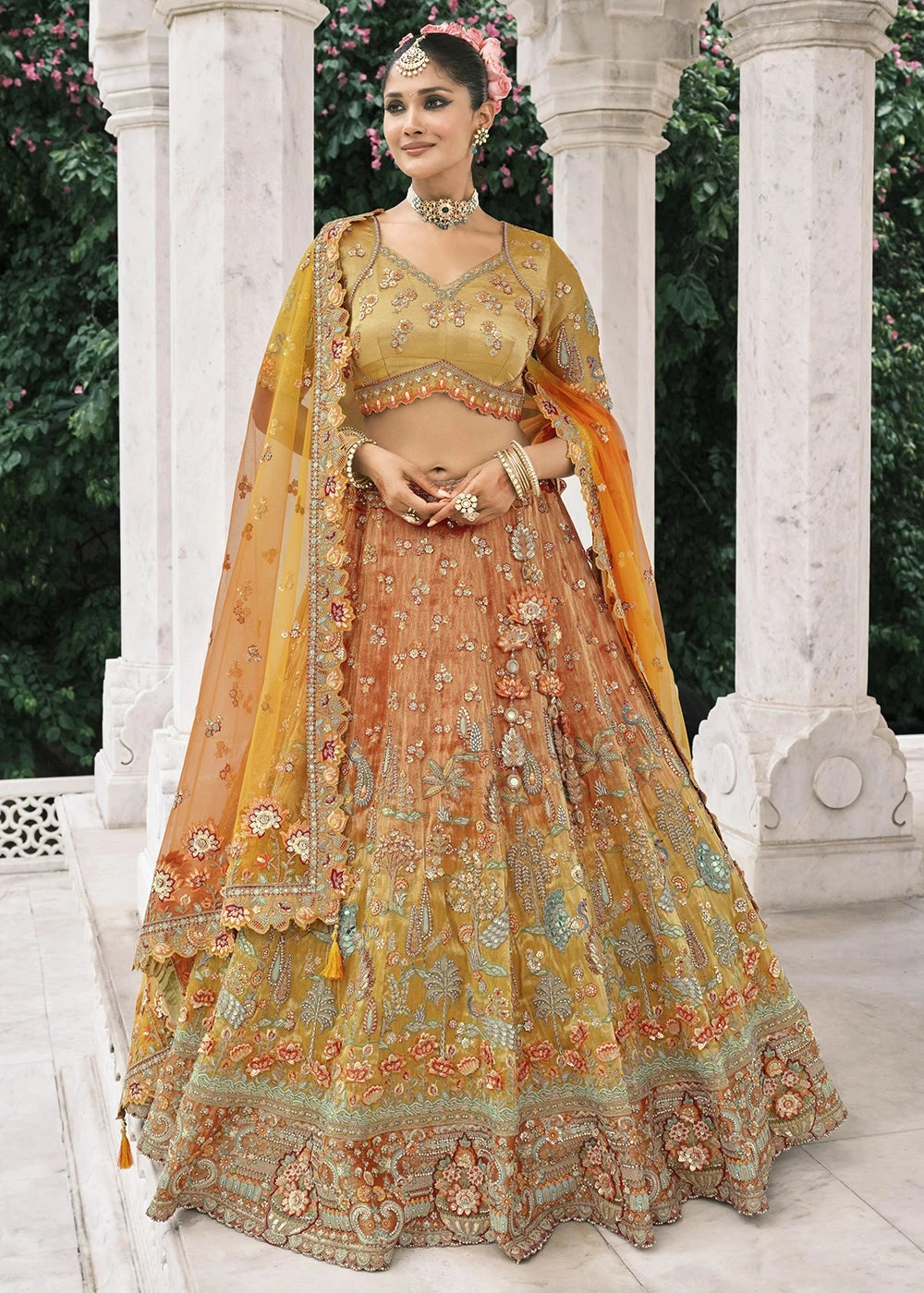 Mustard & Orange Heavy Embroidered Mirror, Sequins & Stone Work Semi Stitched Lehenga Choli House of Panchhi