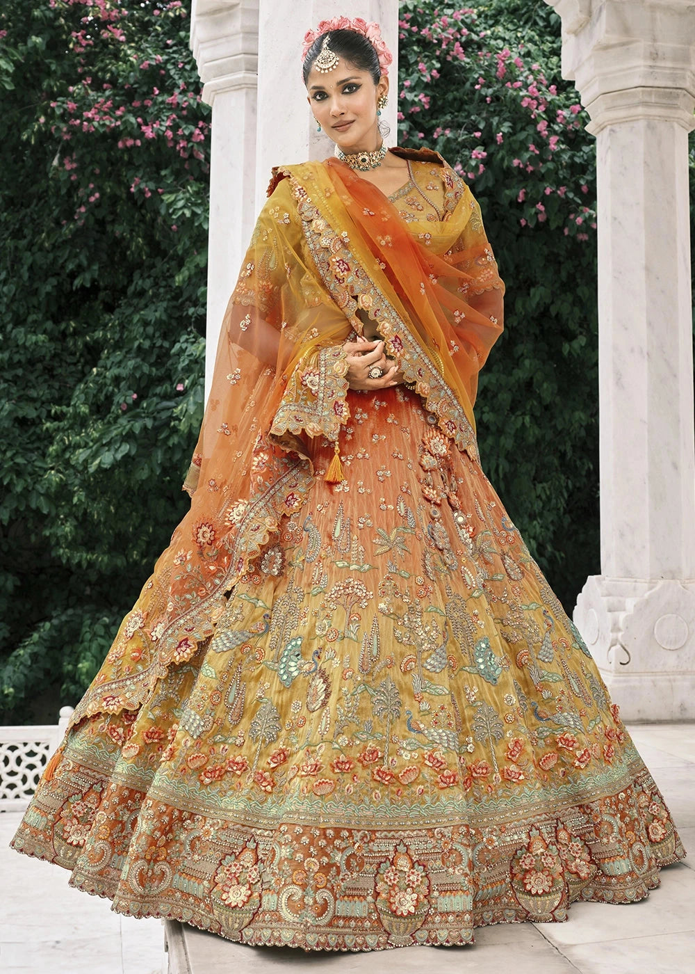 Mustard & Orange Heavy Embroidered Mirror, Sequins & Stone Work Semi Stitched Lehenga Choli House of Panchhi