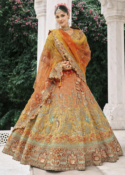 Mustard & Orange Heavy Embroidered Mirror, Sequins & Stone Work Semi Stitched Lehenga Choli House of Panchhi