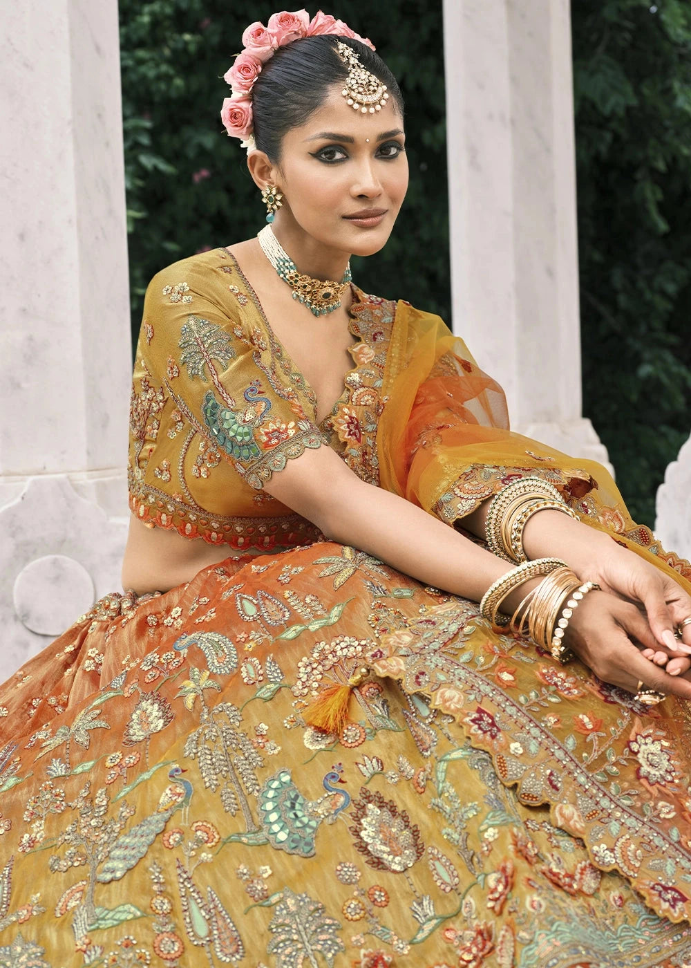 Mustard & Orange Heavy Embroidered Mirror, Sequins & Stone Work Semi Stitched Lehenga Choli House of Panchhi