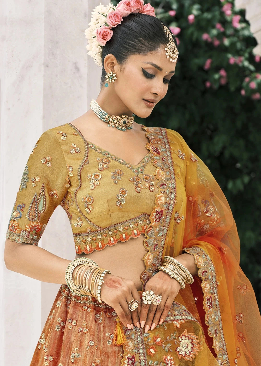 Mustard & Orange Heavy Embroidered Mirror, Sequins & Stone Work Semi Stitched Lehenga Choli House of Panchhi