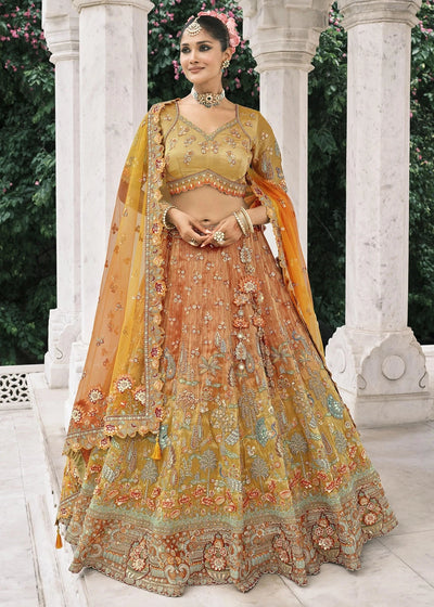 Mustard & Orange Heavy Embroidered Mirror, Sequins & Stone Work Semi Stitched Lehenga Choli House of Panchhi