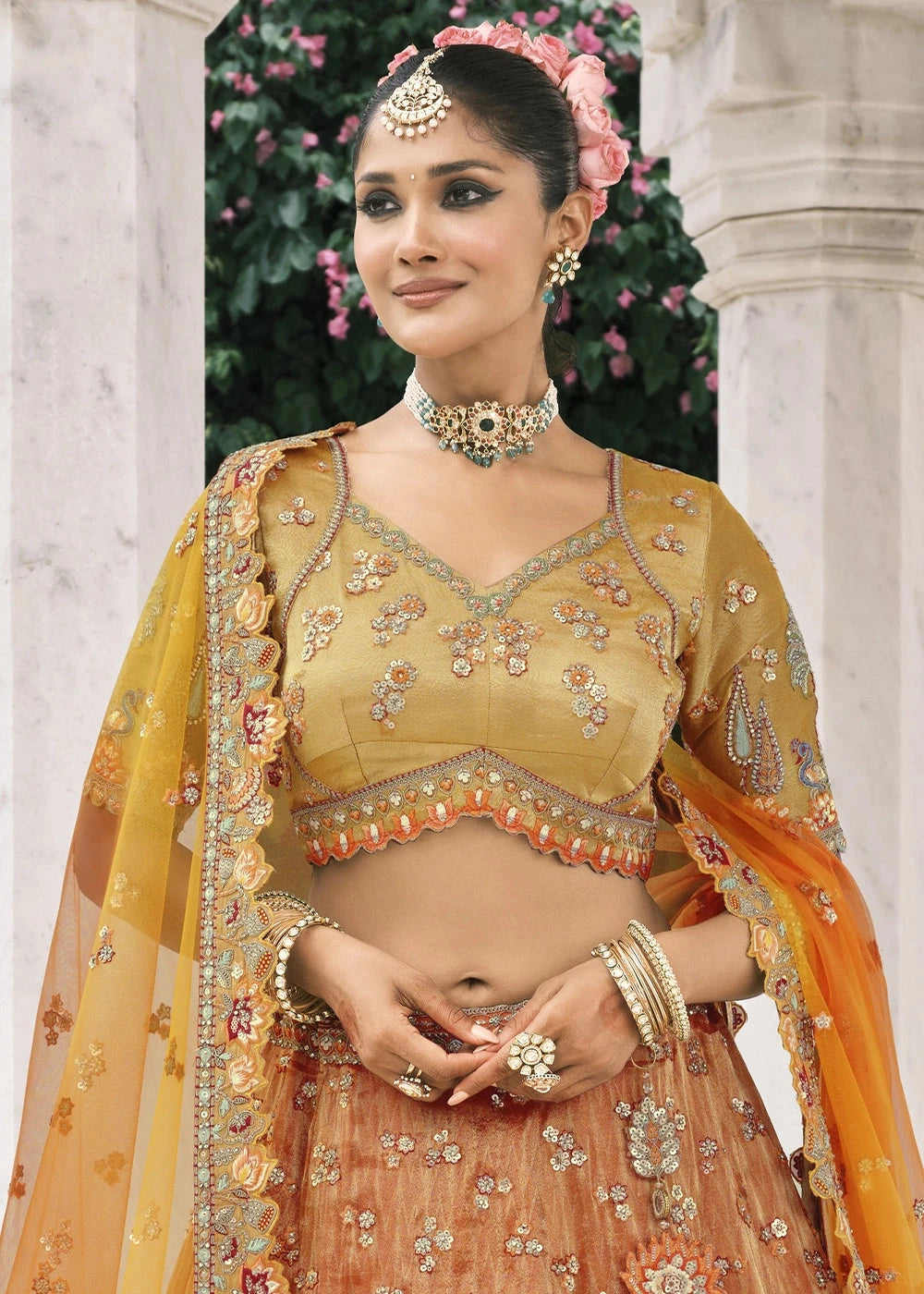 Mustard & Orange Heavy Embroidered Mirror, Sequins & Stone Work Semi Stitched Lehenga Choli House of Panchhi