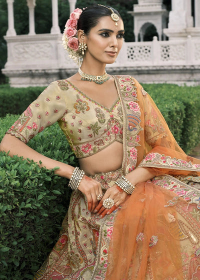 Cream & Orange Heavy Embroidered Mirror, Sequins & Stone Work Semi Stitched Lehenga Choli House of Panchhi