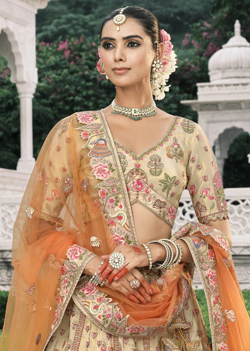 Cream & Orange Heavy Embroidered Mirror, Sequins & Stone Work Semi Stitched Lehenga Choli House of Panchhi