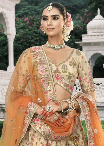 Cream & Orange Heavy Embroidered Mirror, Sequins & Stone Work Semi Stitched Lehenga Choli House of Panchhi