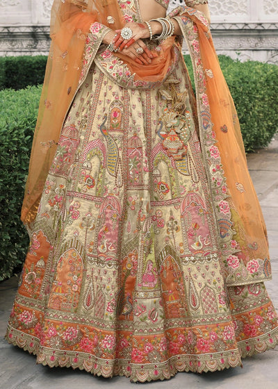 Cream & Orange Heavy Embroidered Mirror, Sequins & Stone Work Semi Stitched Lehenga Choli House of Panchhi