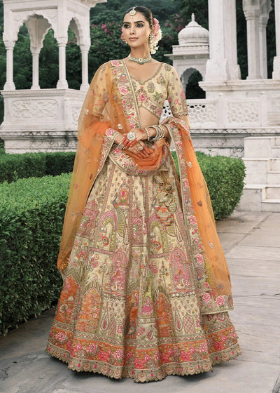 Cream & Orange Heavy Embroidered Mirror, Sequins & Stone Work Semi Stitched Lehenga Choli House of Panchhi