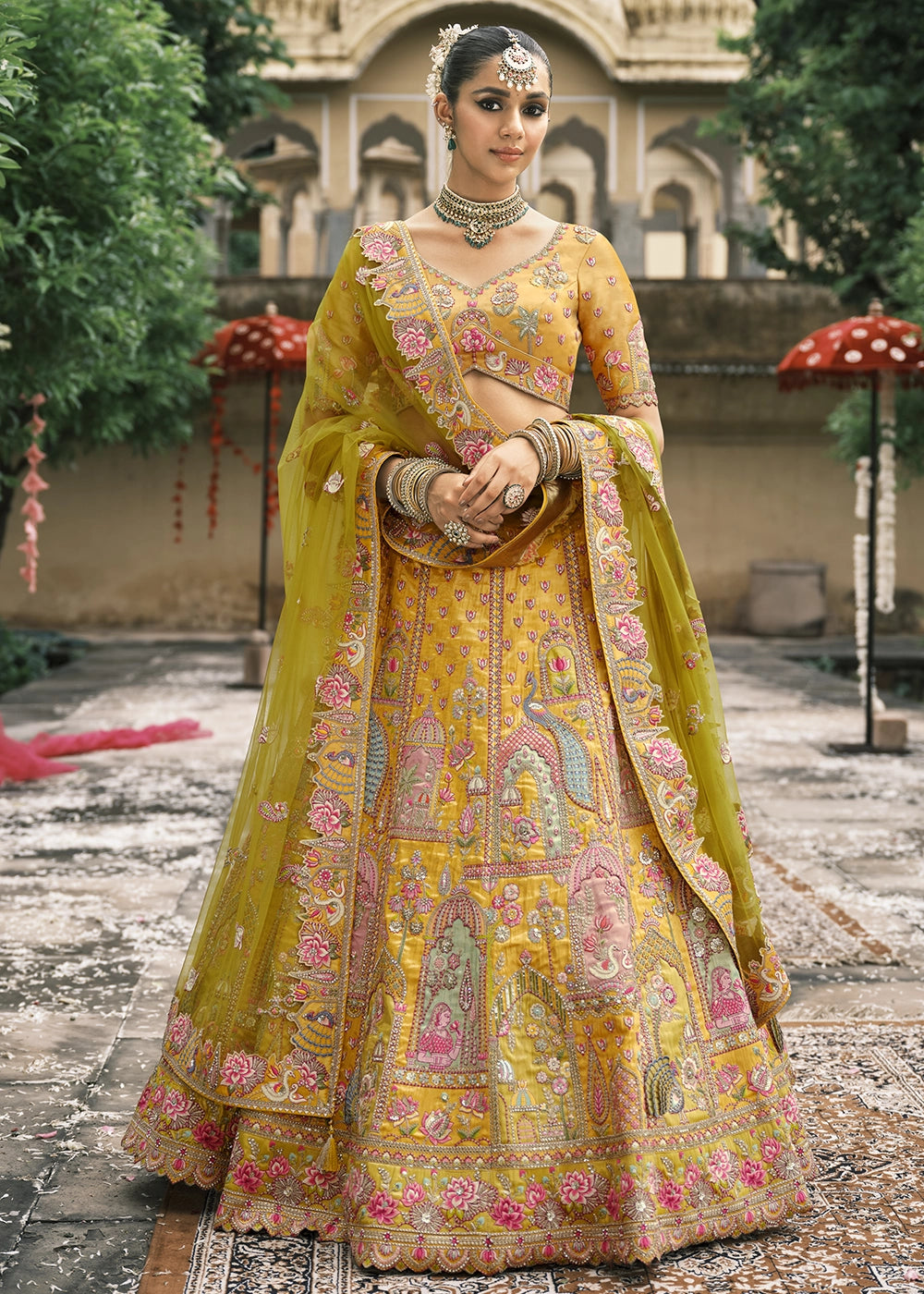 Yellow Heavy Embroidered Mirror, Sequins & Stone Work Semi Stitched Lehenga Choli House of Panchhi