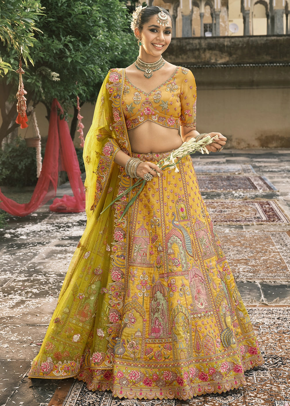 Yellow Heavy Embroidered Mirror, Sequins & Stone Work Semi Stitched Lehenga Choli House of Panchhi