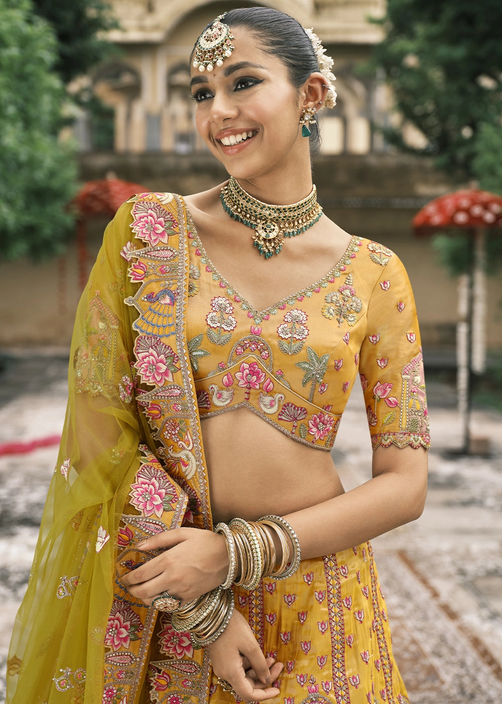 Yellow Heavy Embroidered Mirror, Sequins & Stone Work Semi Stitched Lehenga Choli House of Panchhi