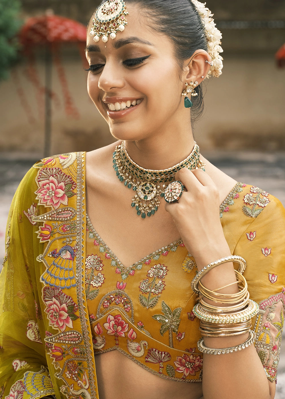 Yellow Heavy Embroidered Mirror, Sequins & Stone Work Semi Stitched Lehenga Choli House of Panchhi