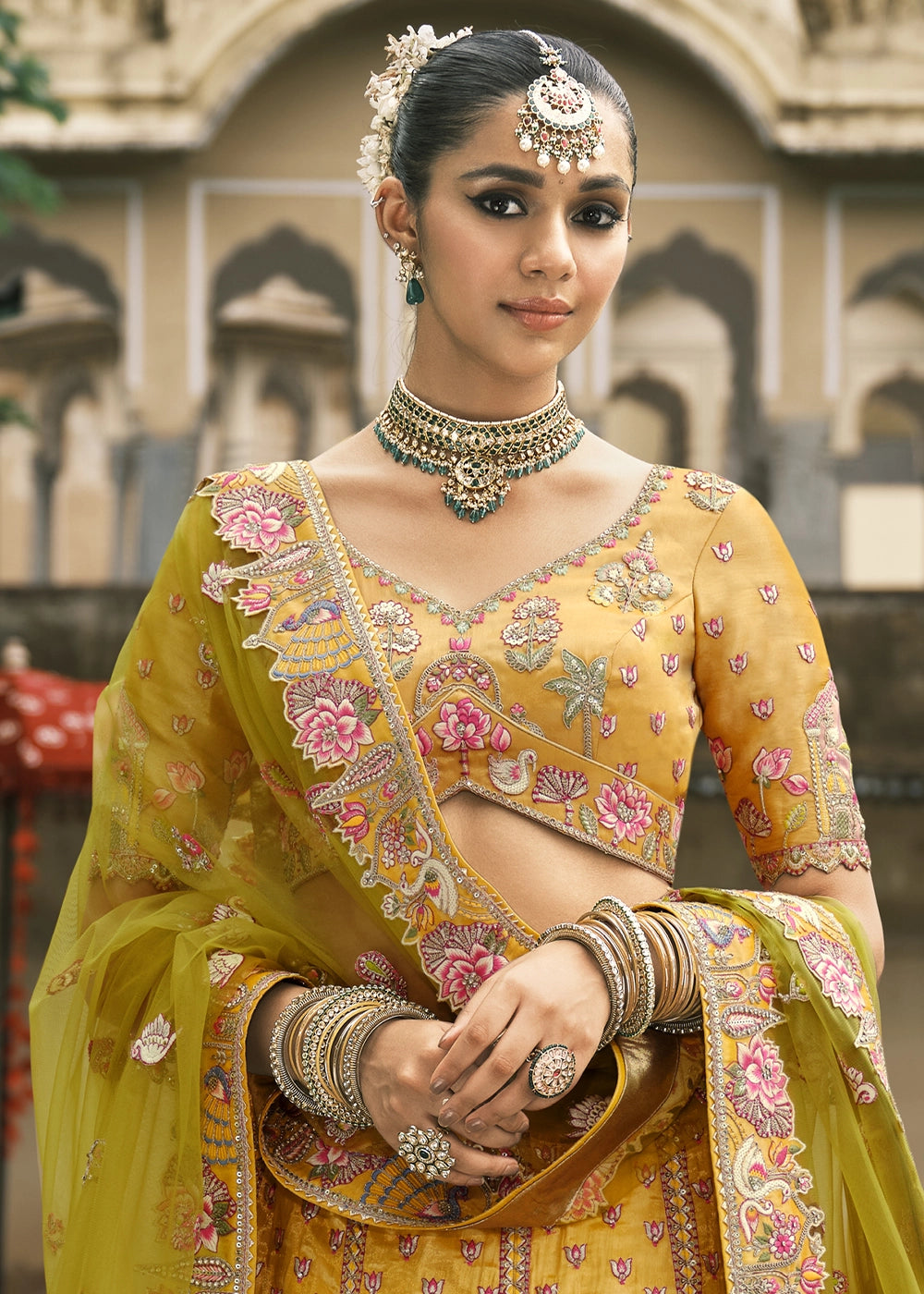 Yellow Heavy Embroidered Mirror, Sequins & Stone Work Semi Stitched Lehenga Choli House of Panchhi