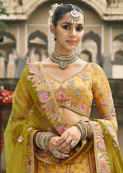 Yellow Heavy Embroidered Mirror, Sequins & Stone Work Semi Stitched Lehenga Choli House of Panchhi