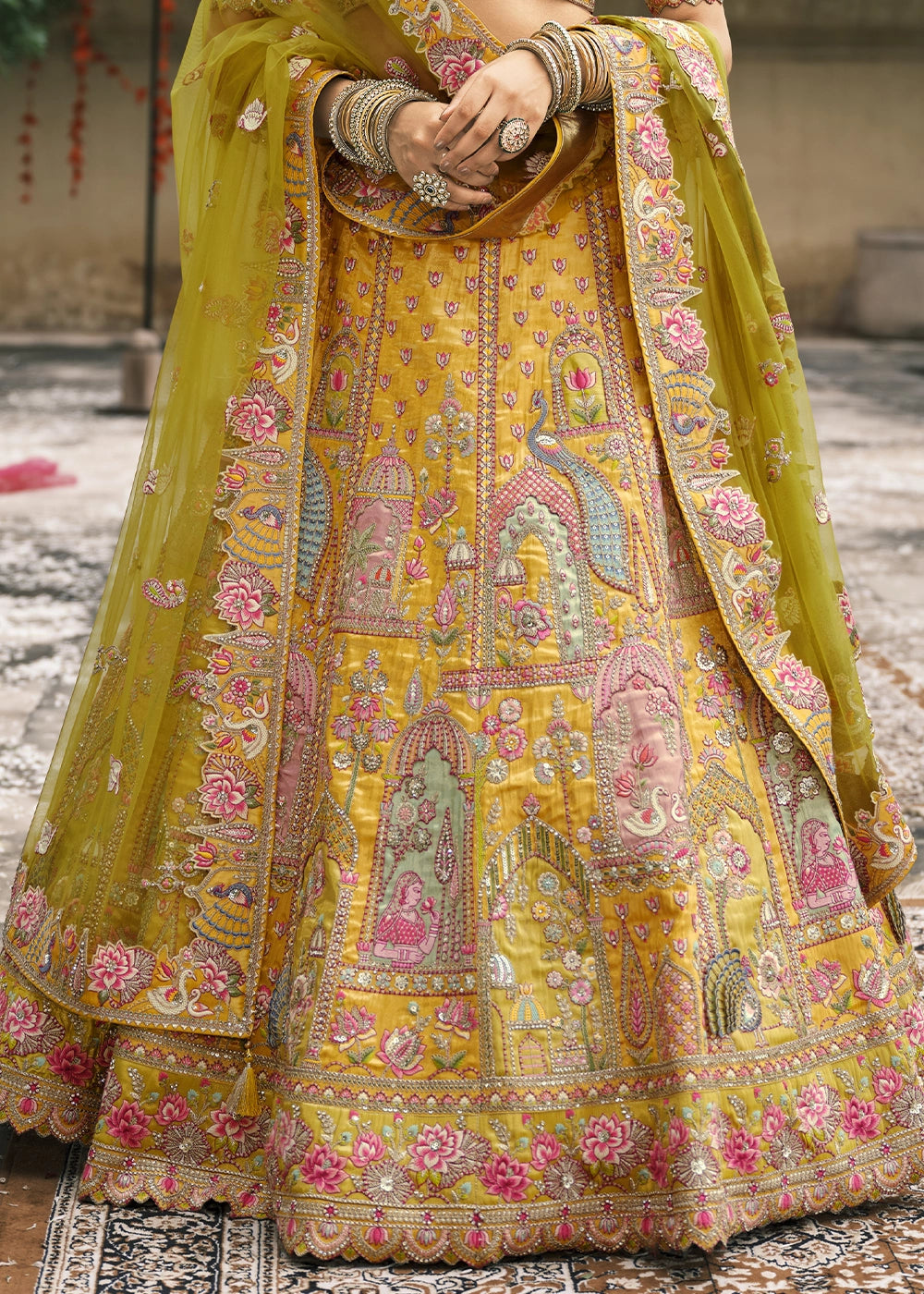 Yellow Heavy Embroidered Mirror, Sequins & Stone Work Semi Stitched Lehenga Choli House of Panchhi