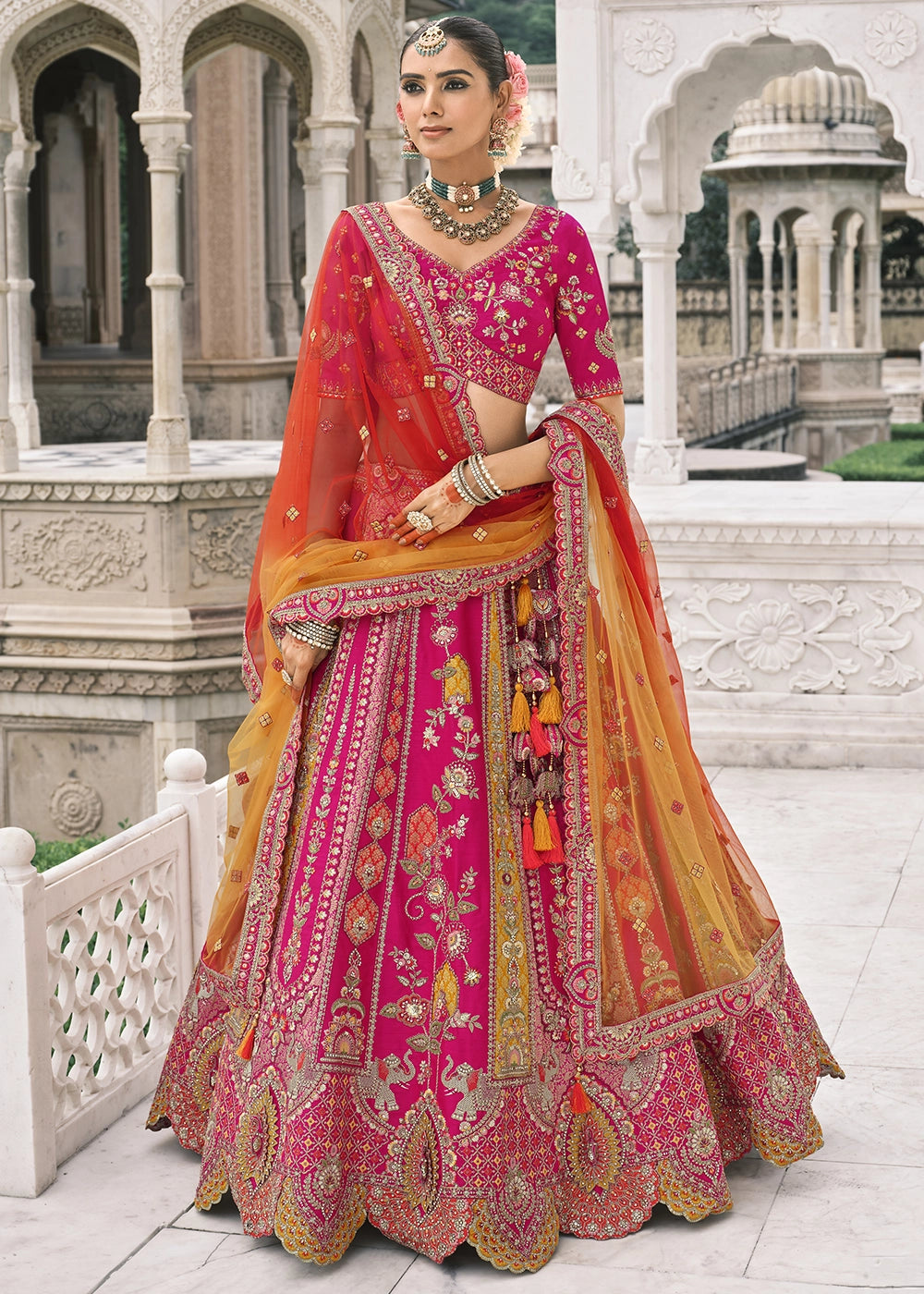 Pink Heavy Embroidered Mirror, Sequins & Stone Work Semi Stitched Lehenga Choli House of Panchhi