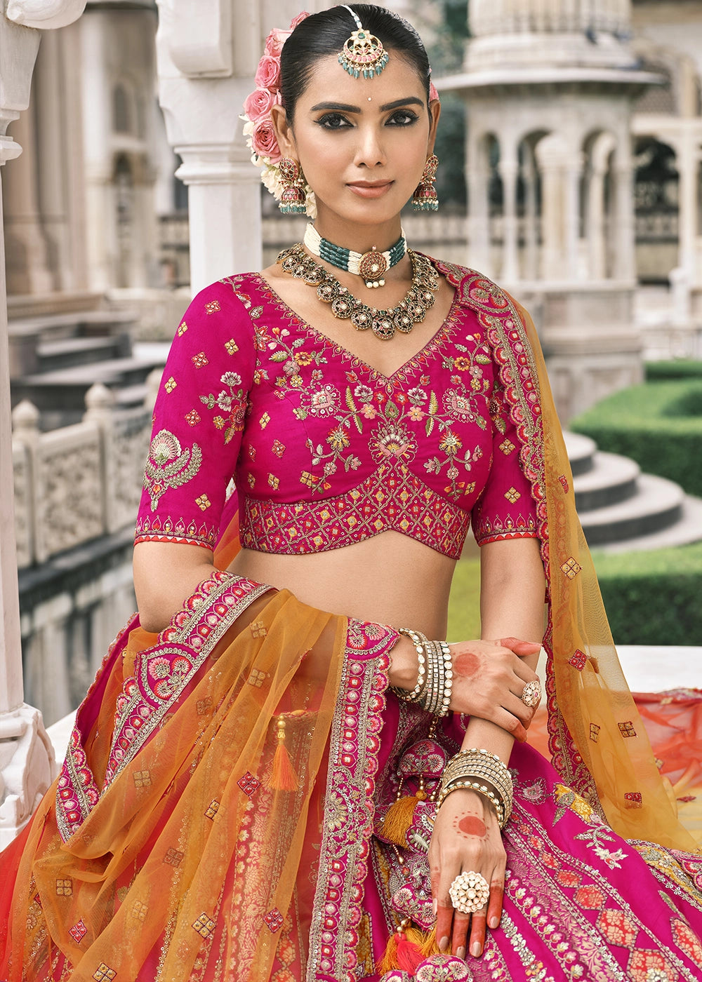 Pink Heavy Embroidered Mirror, Sequins & Stone Work Semi Stitched Lehenga Choli House of Panchhi