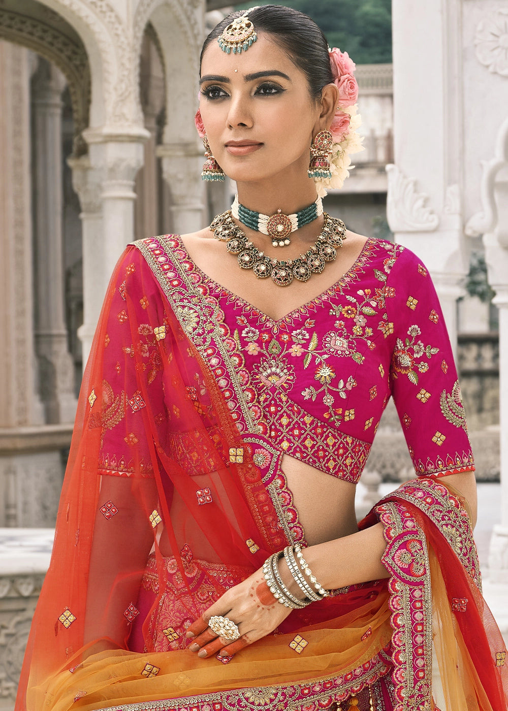 Pink Heavy Embroidered Mirror, Sequins & Stone Work Semi Stitched Lehenga Choli House of Panchhi