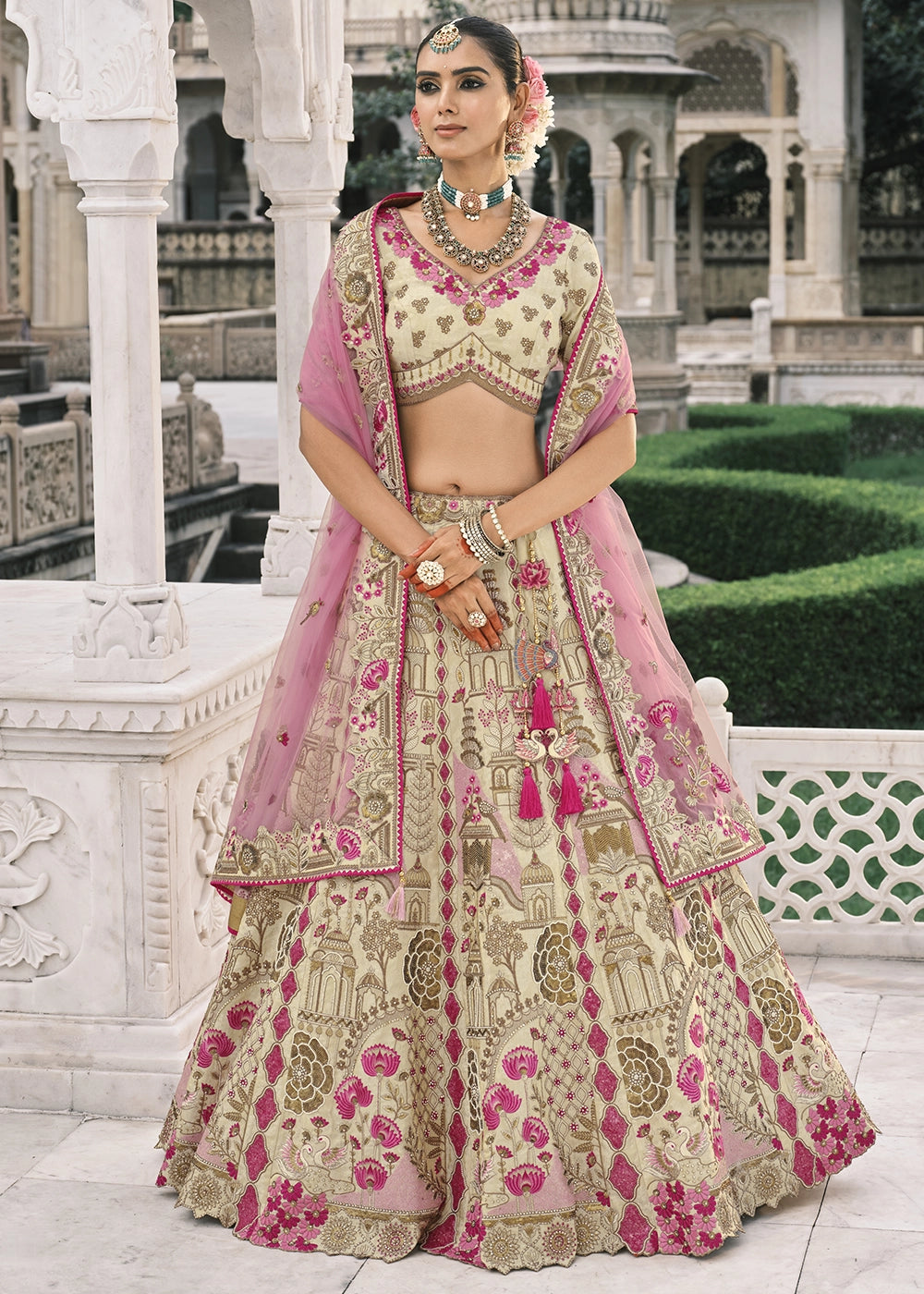 Cream Heavy Embroidered Mirror, Sequins & Stone Work Semi Stitched Lehenga Choli House of Panchhi