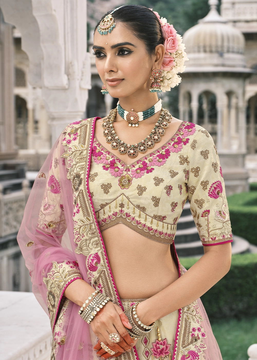 Cream Heavy Embroidered Mirror, Sequins & Stone Work Semi Stitched Lehenga Choli House of Panchhi