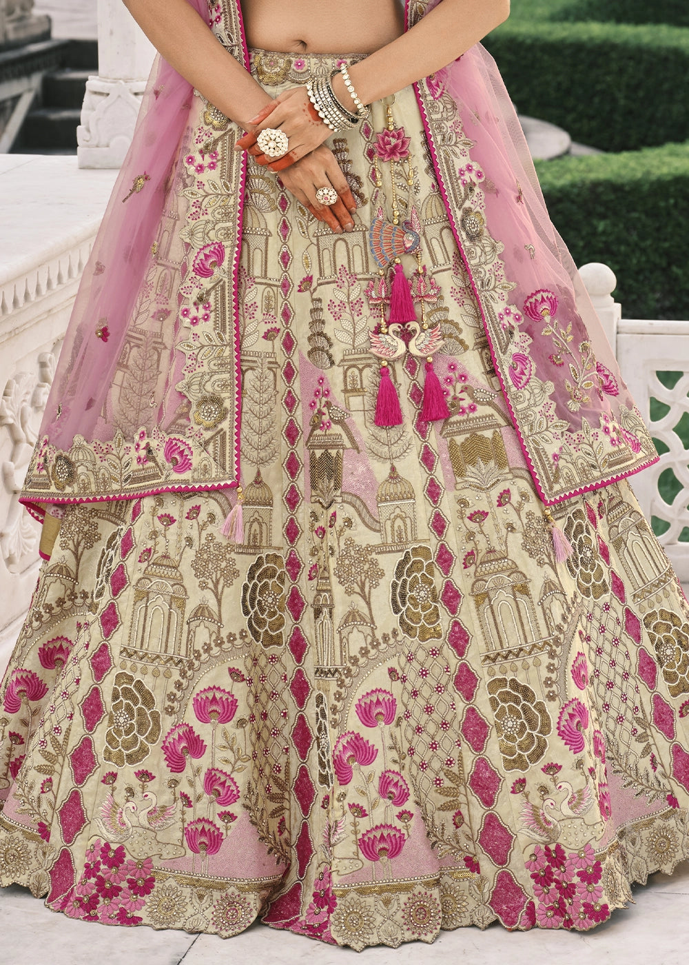 Cream Heavy Embroidered Mirror, Sequins & Stone Work Semi Stitched Lehenga Choli House of Panchhi