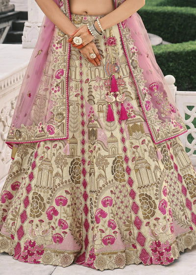 Cream Heavy Embroidered Mirror, Sequins & Stone Work Semi Stitched Lehenga Choli House of Panchhi