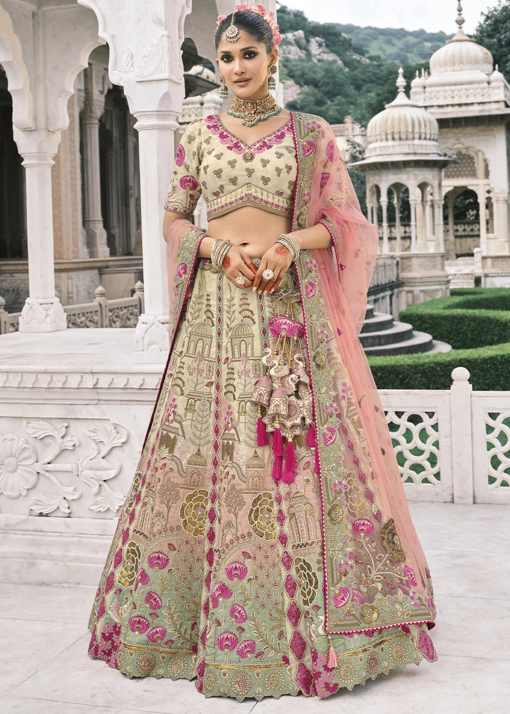 Cream Heavy Embroidered Mirror, Sequins & Stone Work Semi Stitched Lehenga Choli House of Panchhi