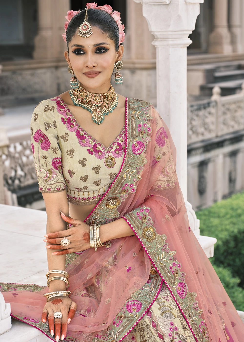 Cream Heavy Embroidered Mirror, Sequins & Stone Work Semi Stitched Lehenga Choli House of Panchhi