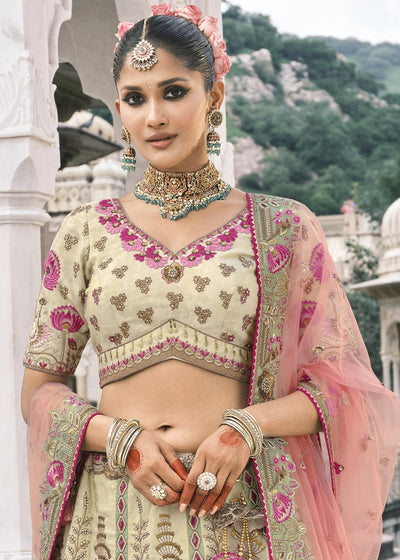 Cream Heavy Embroidered Mirror, Sequins & Stone Work Semi Stitched Lehenga Choli House of Panchhi