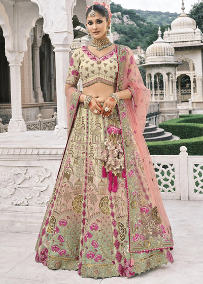 Cream Heavy Embroidered Mirror, Sequins & Stone Work Semi Stitched Lehenga Choli House of Panchhi