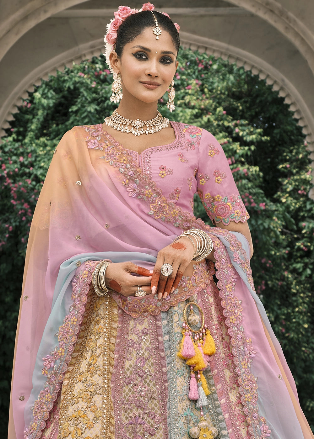 Multi color Heavy Embroidered Mirror, Sequins & Stone Work Semi Stitched Lehenga Choli House of Panchhi