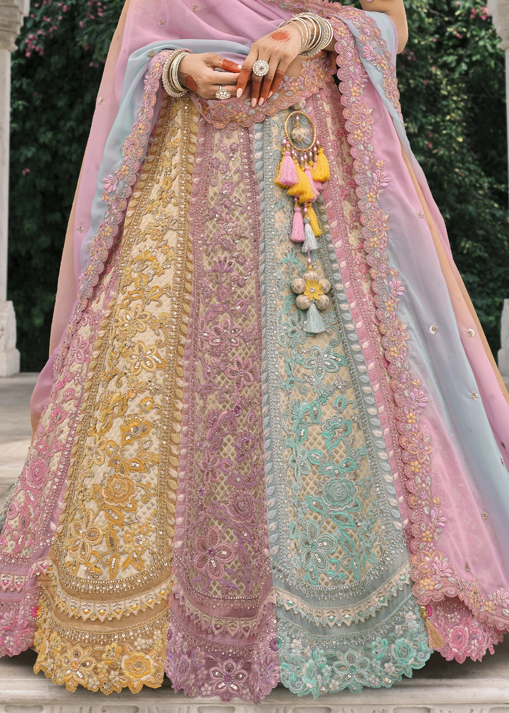 Multi color Heavy Embroidered Mirror, Sequins & Stone Work Semi Stitched Lehenga Choli House of Panchhi