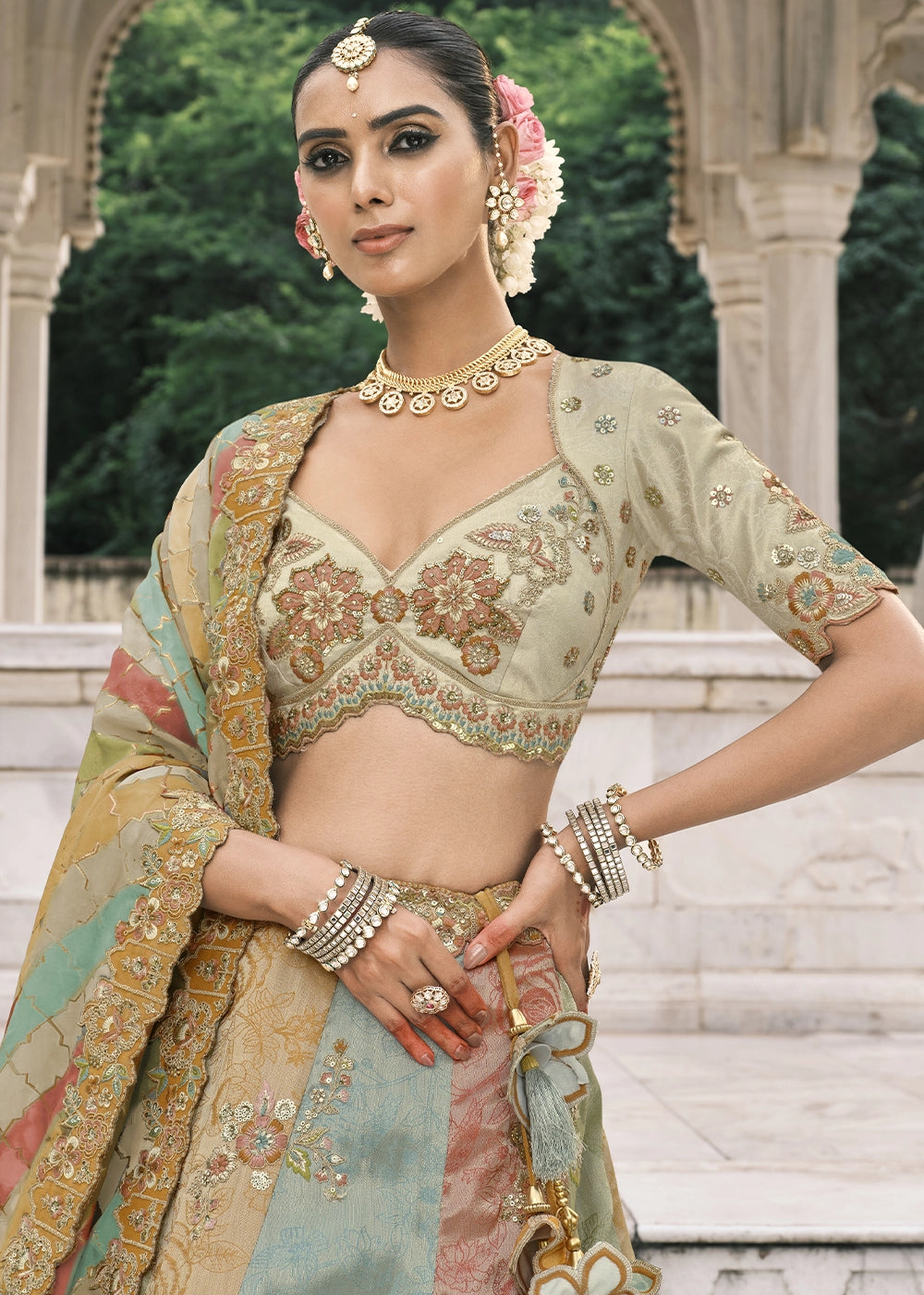 Multi Color Heavy Embroidered Mirror, Sequins & Stone Work Semi Stitched Lehenga Choli House of Panchhi