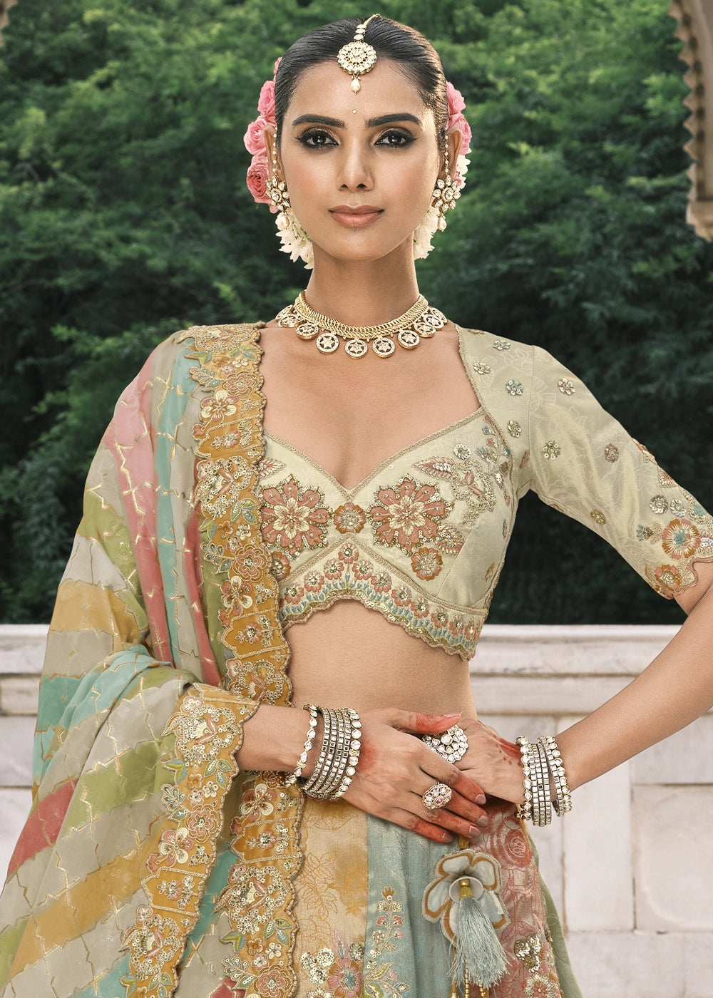 Multi Color Heavy Embroidered Mirror, Sequins & Stone Work Semi Stitched Lehenga Choli House of Panchhi