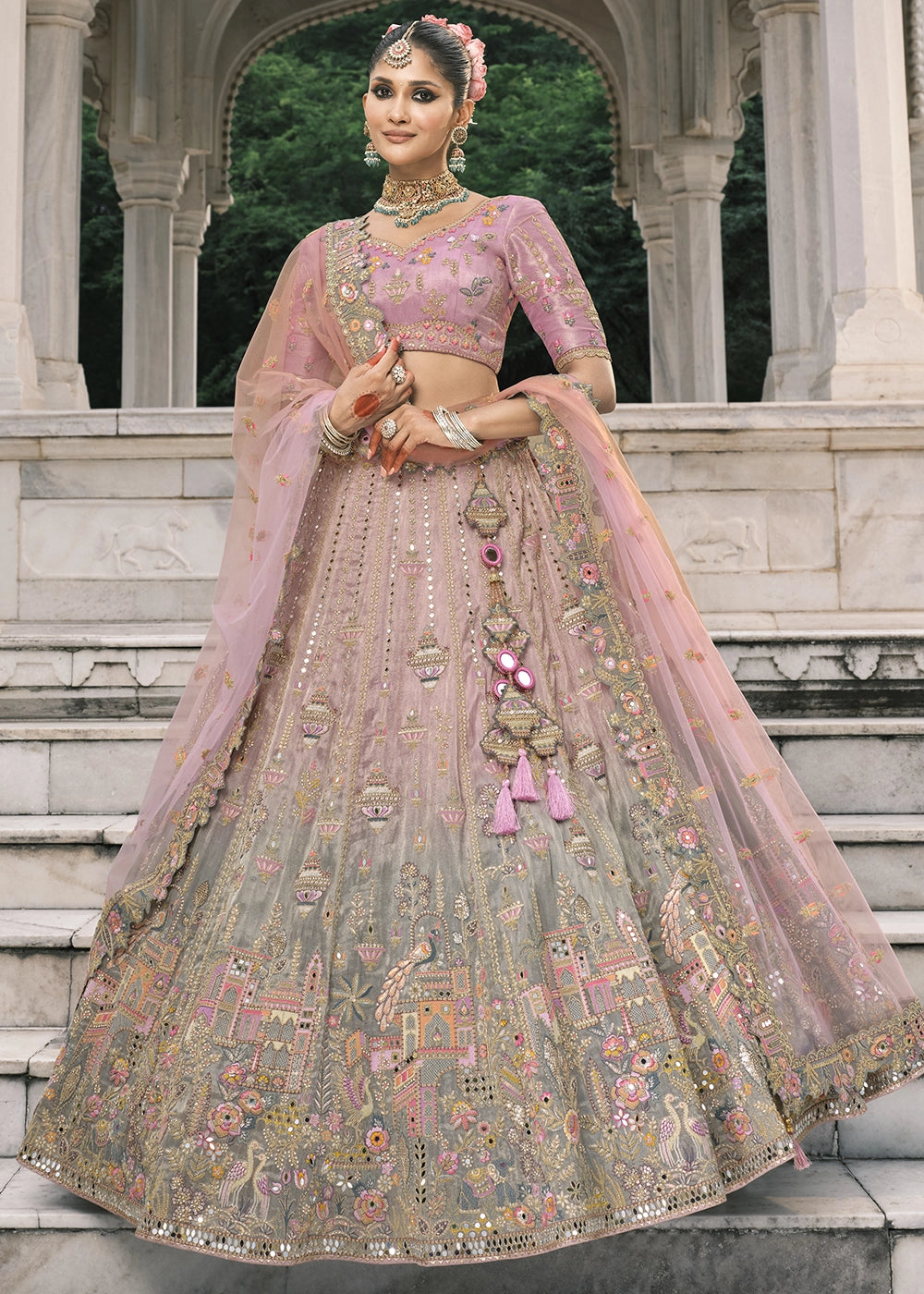 Pink & Gray Heavy Embroidered Mirror, Sequins & Stone Work Semi Stitched Lehenga Choli (Copy) House of Panchhi