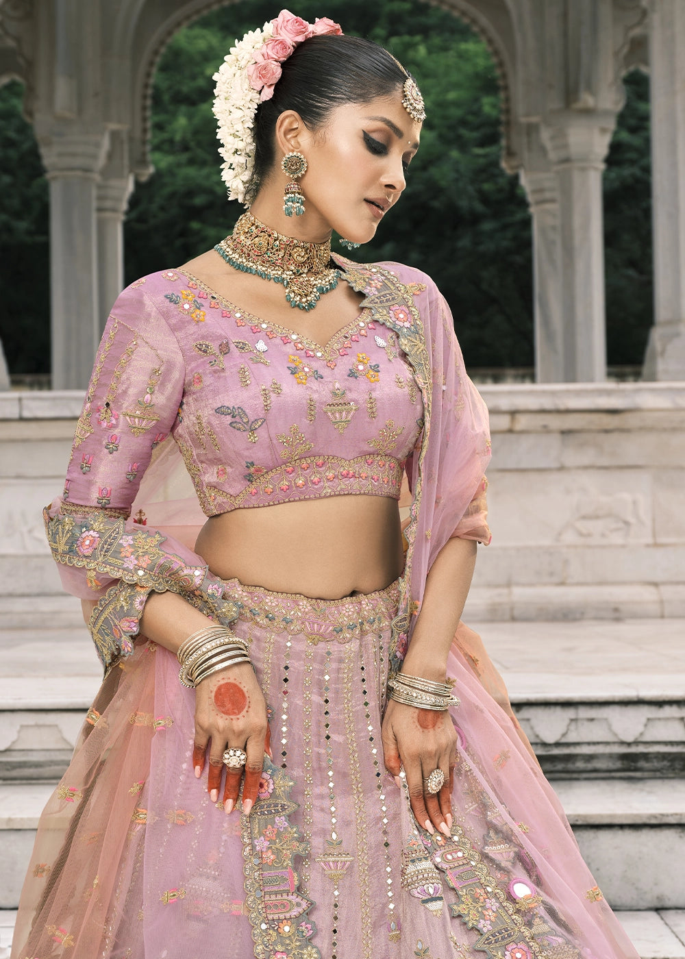 Pink & Gray Heavy Embroidered Mirror, Sequins & Stone Work Semi Stitched Lehenga Choli (Copy) House of Panchhi