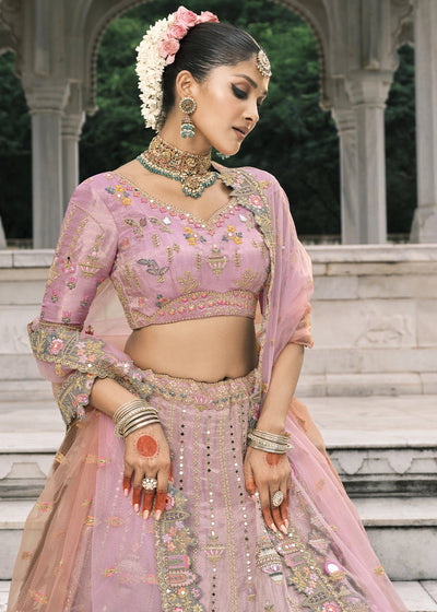 Pink & Gray Heavy Embroidered Mirror, Sequins & Stone Work Semi Stitched Lehenga Choli (Copy) House of Panchhi
