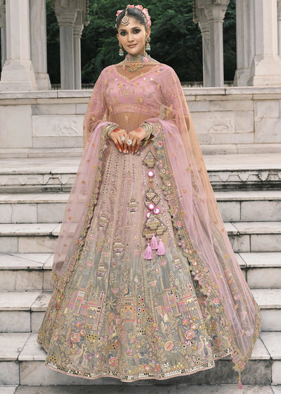 Pink & Gray Heavy Embroidered Mirror, Sequins & Stone Work Semi Stitched Lehenga Choli (Copy) House of Panchhi