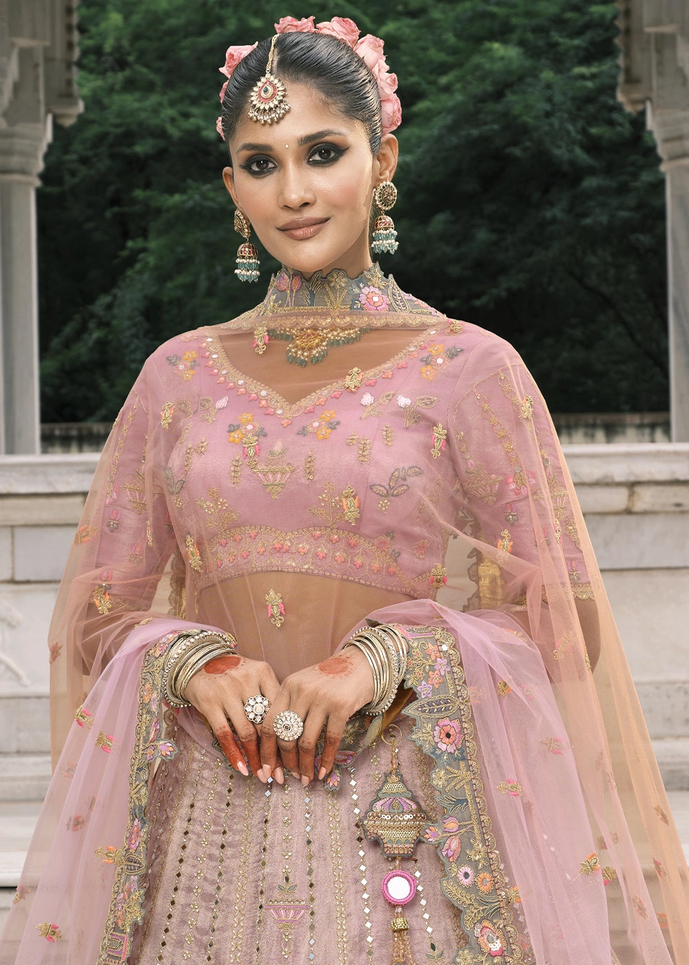 Pink & Gray Heavy Embroidered Mirror, Sequins & Stone Work Semi Stitched Lehenga Choli (Copy) House of Panchhi