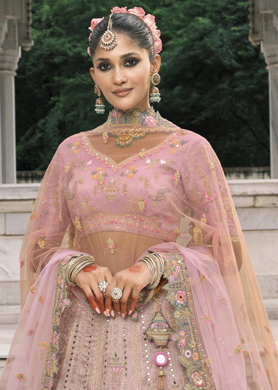 Pink & Gray Heavy Embroidered Mirror, Sequins & Stone Work Semi Stitched Lehenga Choli (Copy) House of Panchhi
