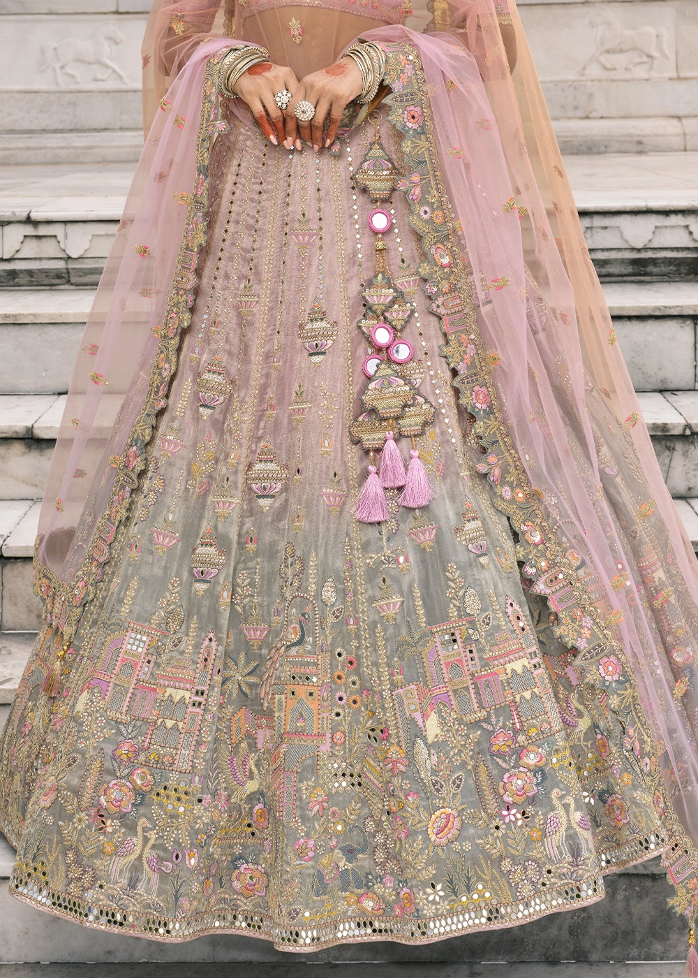Pink & Gray Heavy Embroidered Mirror, Sequins & Stone Work Semi Stitched Lehenga Choli (Copy) House of Panchhi