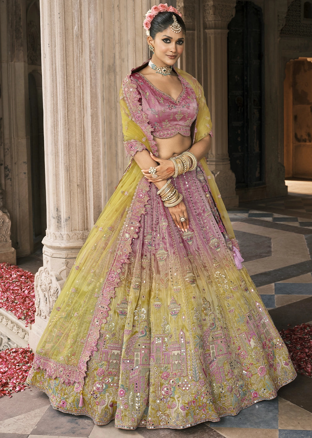 Lavender & Yellow Heavy Embroidered Mirror, Sequins & Stone Work Semi Stitched Lehenga Choli House of Panchhi