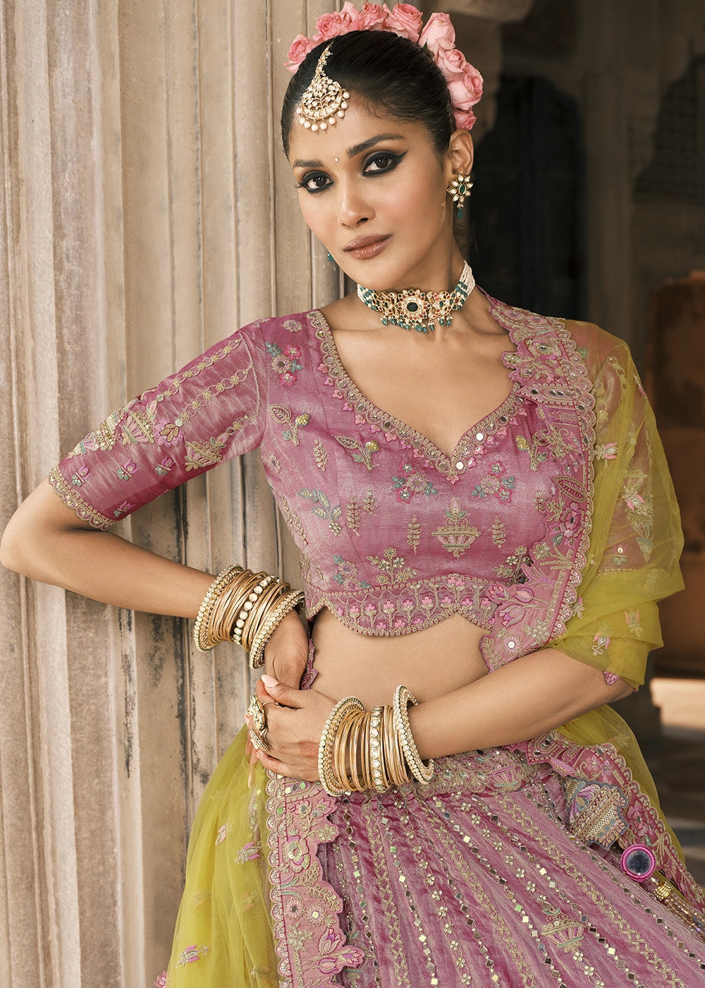Lavender & Yellow Heavy Embroidered Mirror, Sequins & Stone Work Semi Stitched Lehenga Choli House of Panchhi