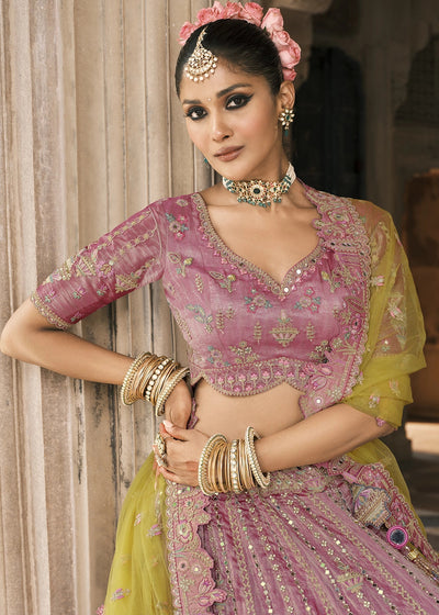 Lavender & Yellow Heavy Embroidered Mirror, Sequins & Stone Work Semi Stitched Lehenga Choli House of Panchhi