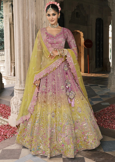 Lavender & Yellow Heavy Embroidered Mirror, Sequins & Stone Work Semi Stitched Lehenga Choli House of Panchhi