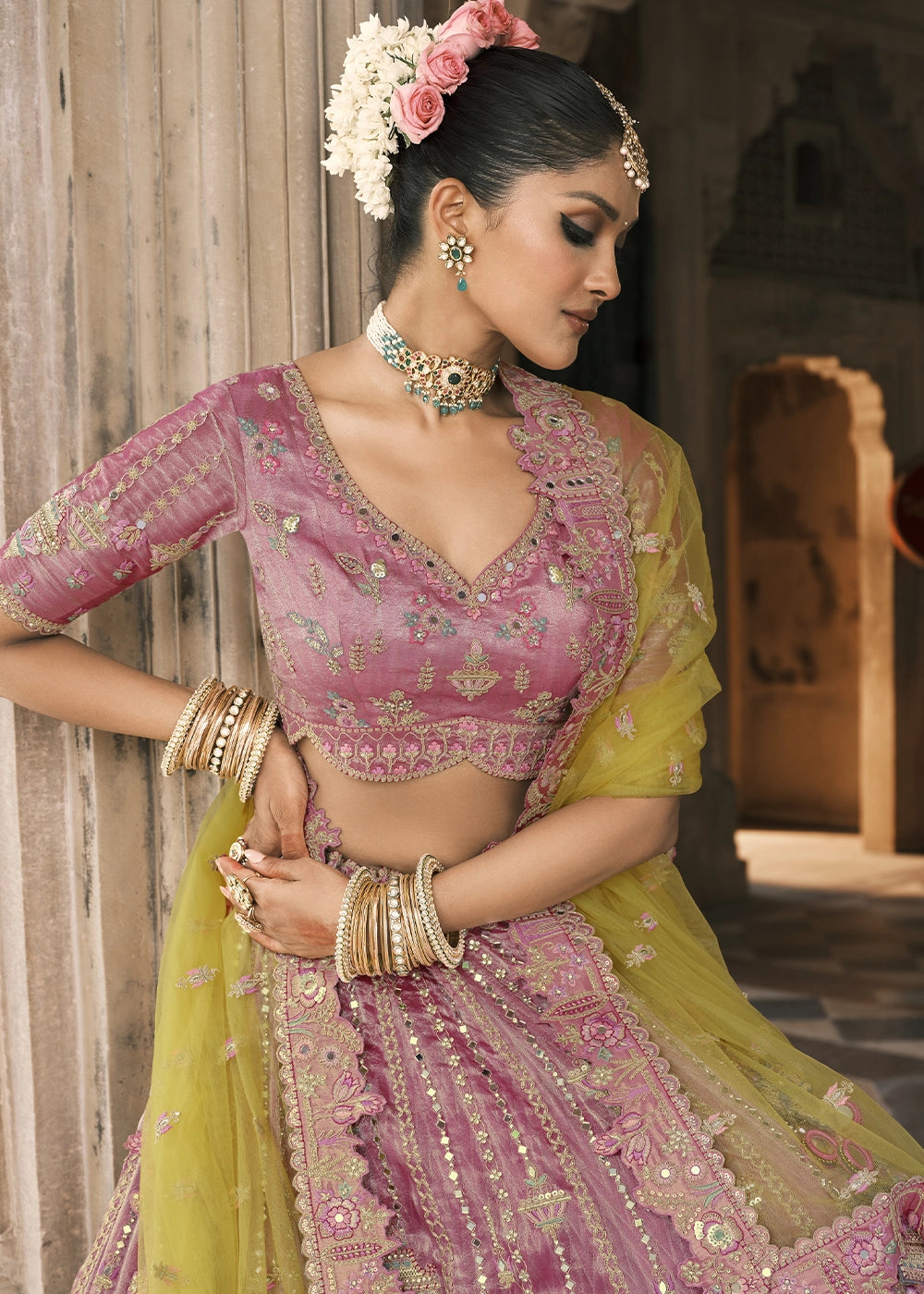 Lavender & Yellow Heavy Embroidered Mirror, Sequins & Stone Work Semi Stitched Lehenga Choli House of Panchhi
