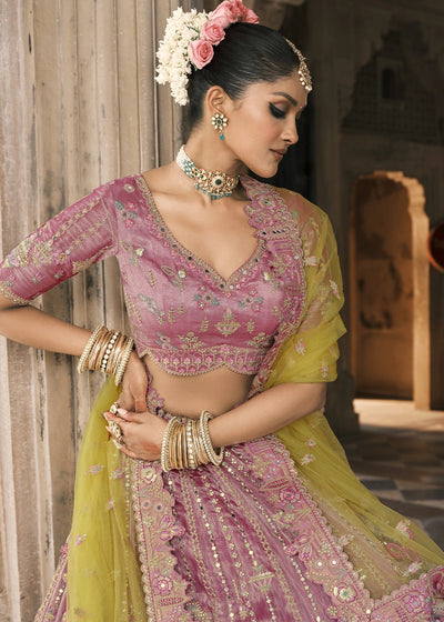 Lavender & Yellow Heavy Embroidered Mirror, Sequins & Stone Work Semi Stitched Lehenga Choli House of Panchhi