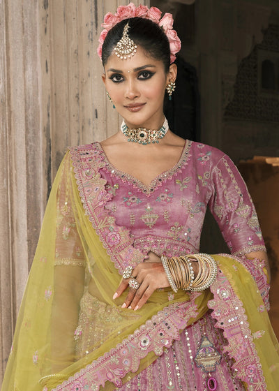 Lavender & Yellow Heavy Embroidered Mirror, Sequins & Stone Work Semi Stitched Lehenga Choli House of Panchhi