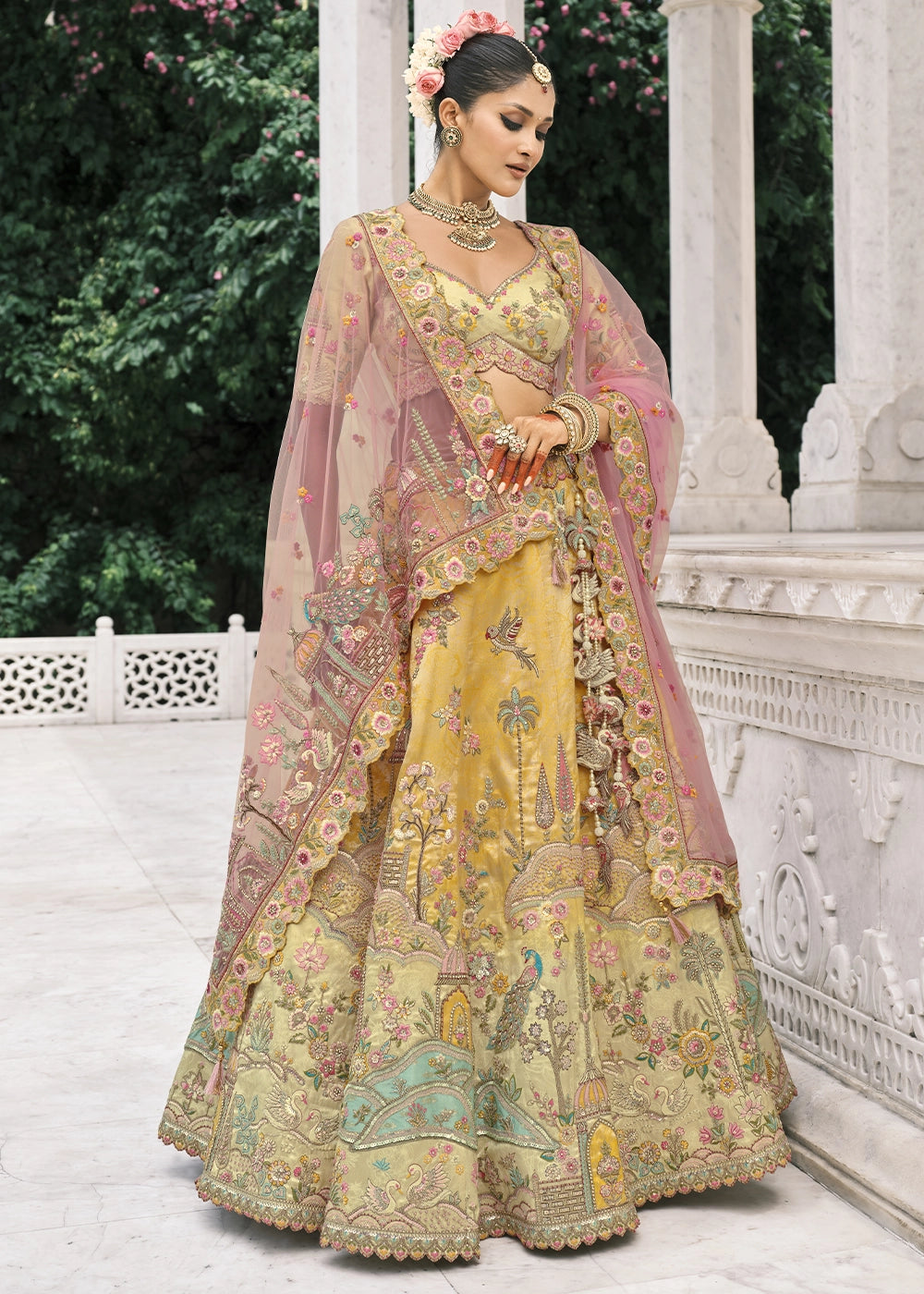 Cream & Yellow Heavy Embroidered Mirror, Sequins & Stone Work Semi Stitched Lehenga Choli House of Panchhi