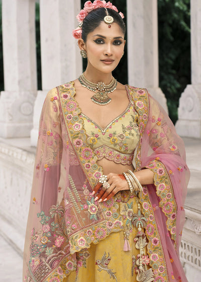 Cream & Yellow Heavy Embroidered Mirror, Sequins & Stone Work Semi Stitched Lehenga Choli House of Panchhi